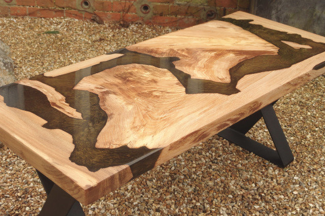 Elm Wood, Black & Gold Metalic Resin Coffee Table - Image 1