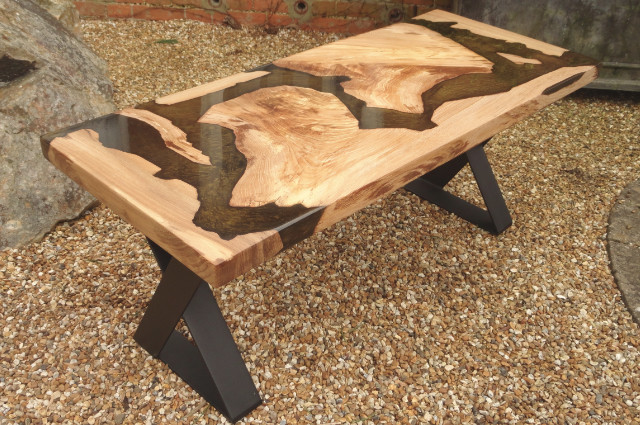 Elm Wood, Black & Gold Metalic Resin Coffee Table - Image 2