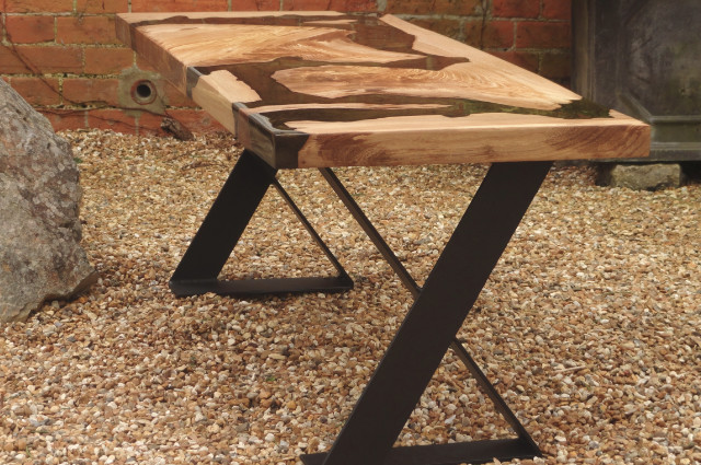 Elm Wood, Black & Gold Metalic Resin Coffee Table - Image 3