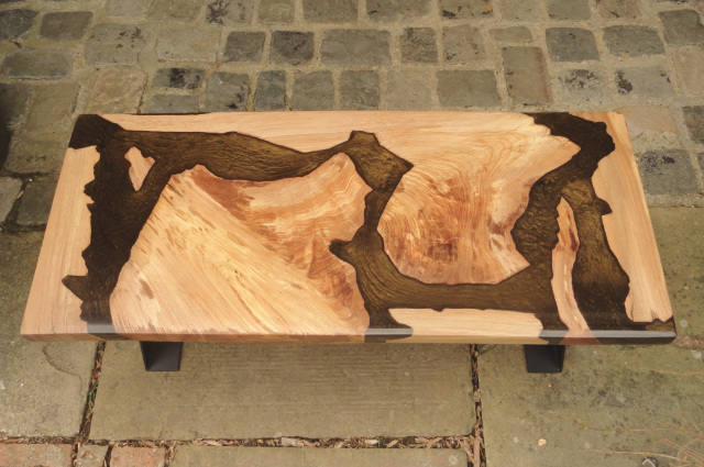 Elm Wood, Black & Gold Metalic Resin Coffee Table - Image 5