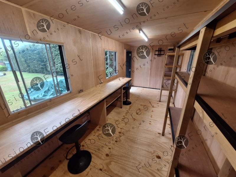 Inside a container office conversion near Ashford