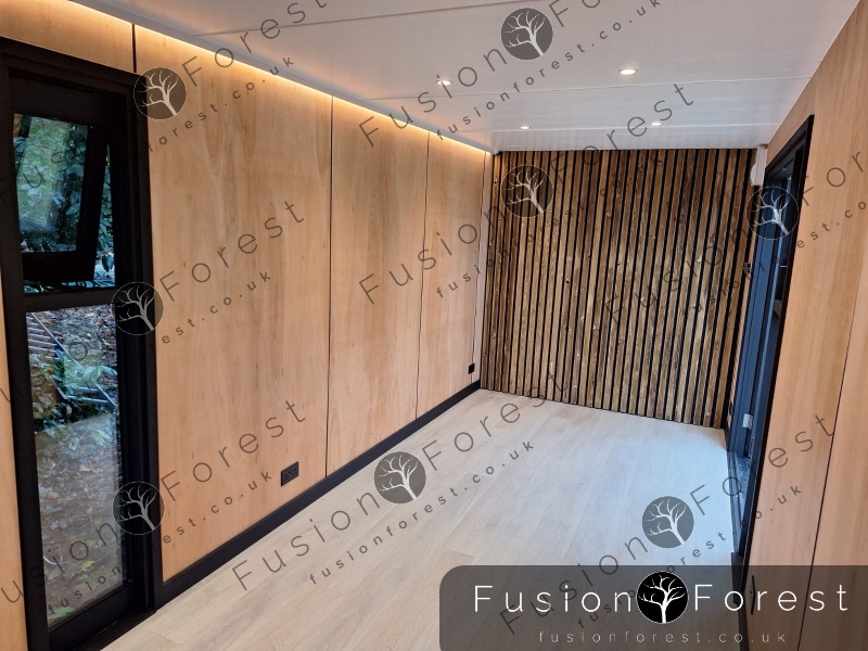 Finished interior of container conversion with dimmable LED lighting